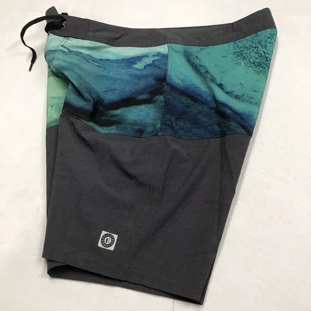 LINKSOUL Swim Board Trunks Men 34 Gray Green Blue Print Unlined Drawstring